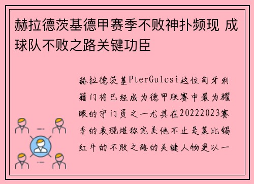 赫拉德茨基德甲赛季不败神扑频现 成球队不败之路关键功臣